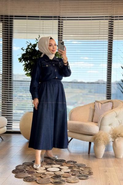 7358 Çiçek Broşlu Etekli Kot Takım Lacivert