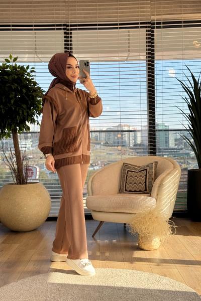 7359 Cep Ve Omuz Saçörgü Trikolu Kapşonlu Takım Kahve