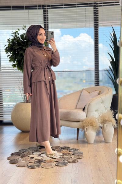7361 Ön Metal Düğmeli Etekli Takım Kahve
