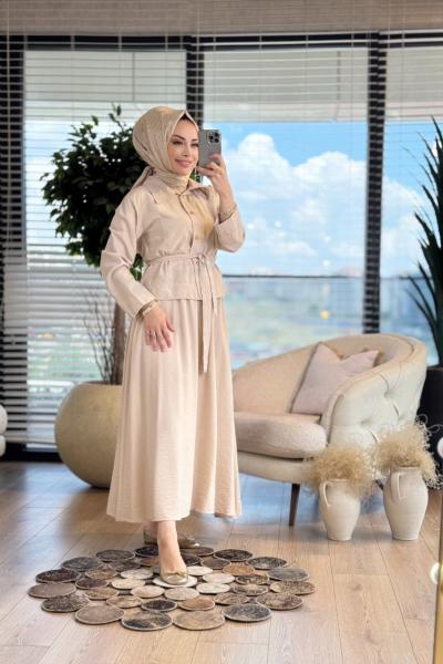 7361 Ön Metal Düğmeli Etekli Takım Bej