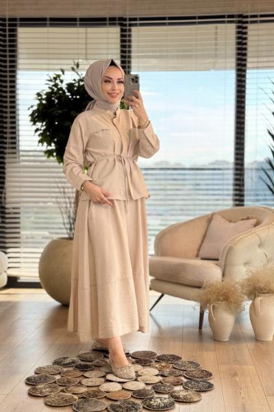 7362 Ön Kendinden Cepli Etekli Takım Bej