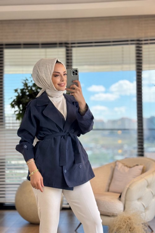 7366 Tencel Altı Düğmeli Apoletli Ceket Lacivert