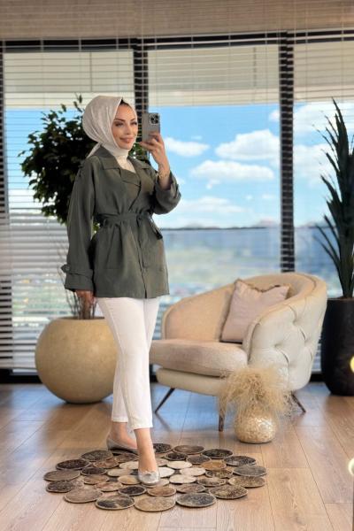 7366 Tencel Altı Düğmeli Apoletli Ceket Yeşil