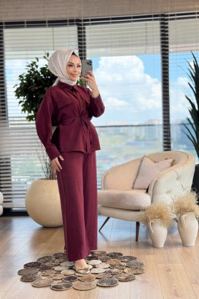 7367 Tencel Ön Cep Kapaklı Takım Bordo