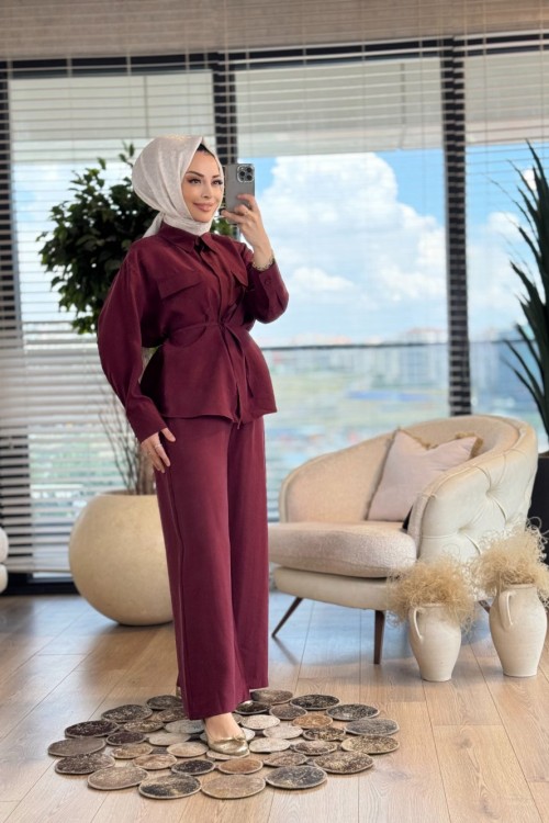 7367 Tencel Ön Cep Kapaklı Takım Bordo