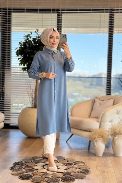7373 Tencel Tek Cepli Uzun Tunik Mavi