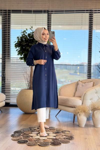 7373 Tencel Tek Cepli Uzun Tunik Lacivert
