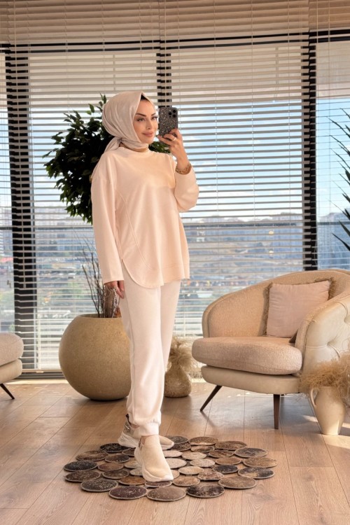 7398 Etek Ucu Parçalı Tunik Ekru