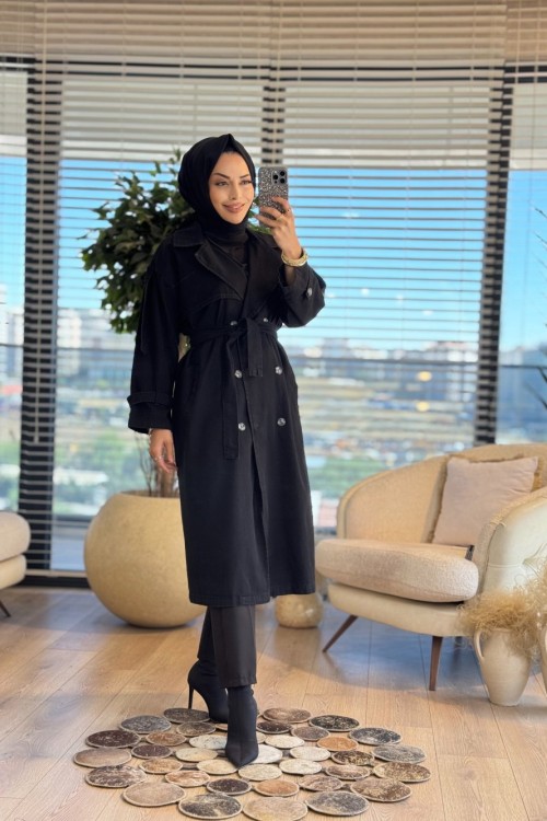 7407 Altı Düğmeli Kot Trenç Siyah