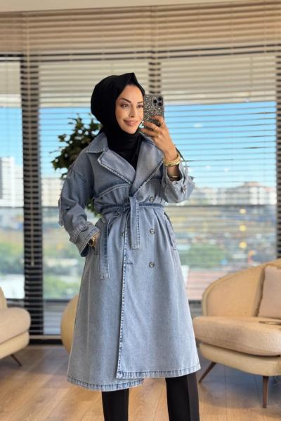 7407 Altı Düğmeli Kot Trenç Mavi