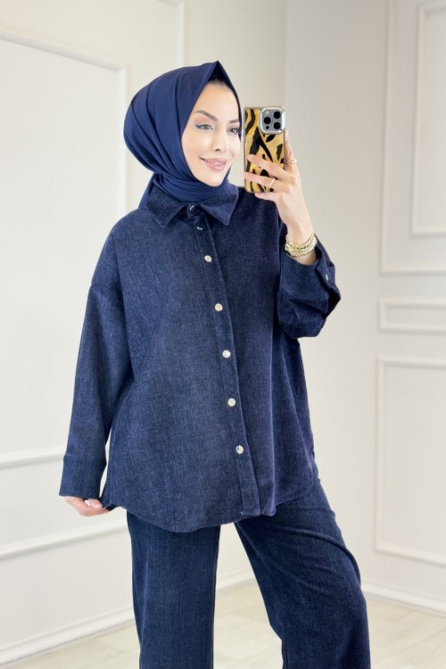 74071 Kadife Önü Düğmeli Ceket Takım Lacivert