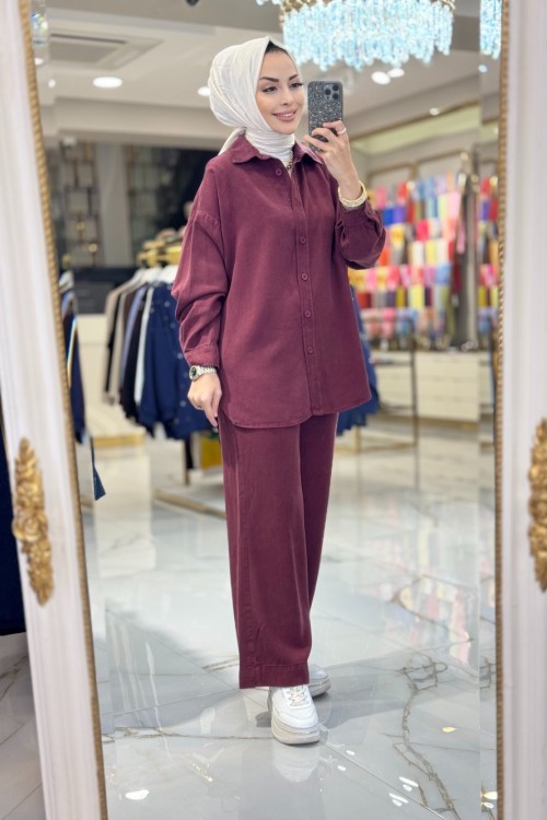 7415 Tencel Önden Düğmeli Takım Bordo