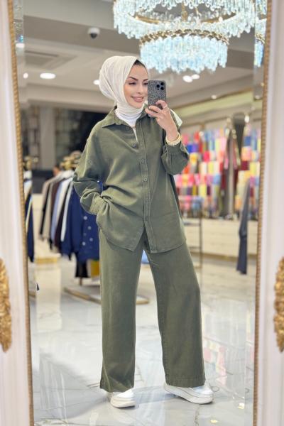 7415 Tencel Önden Düğmeli Takım Haki