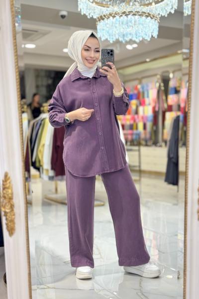 7415 Tencel Önden Düğmeli Takım Mürdüm