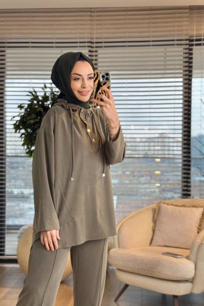 7416 Tencel Kapşonlu Patı Çıtçıtlı Takım Haki