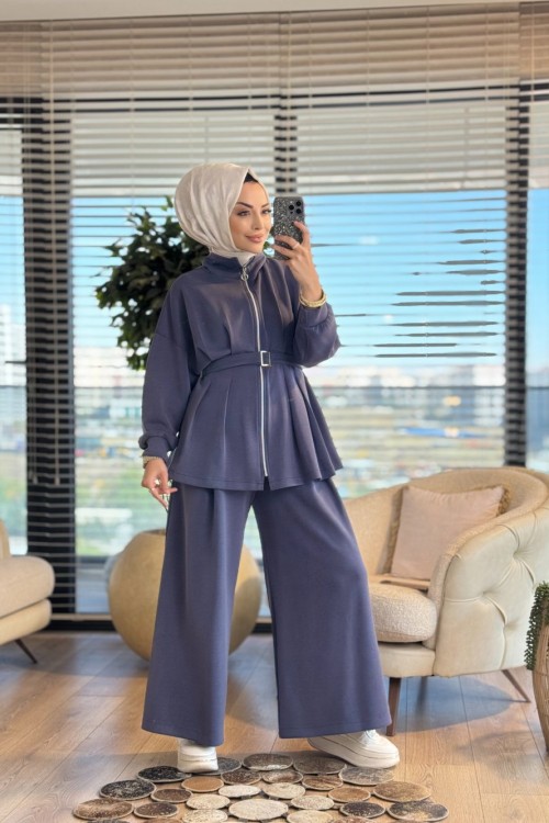 7423 Ön Pile Dikişli Ve Fermuarlı Takım İndigo