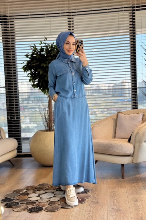 7427 Tencel Metal Düğmeli Etekli Takım Mavi