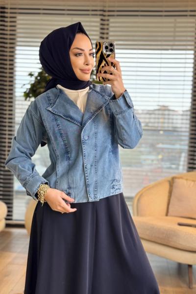 7440 Kot Ön Parça Detaylı Yakasız Ceket Mavi