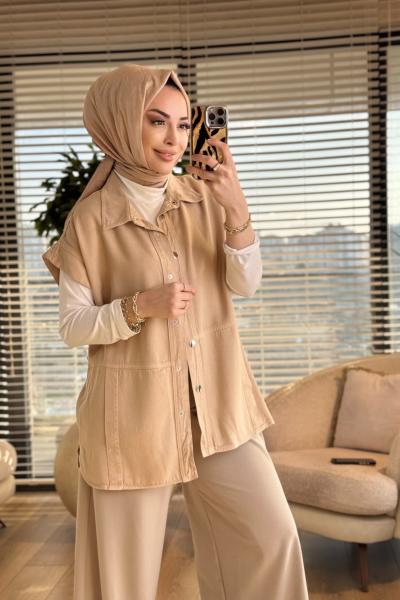 7441 Tencel Ön Dikişli Ve Cepli Yelek Bej