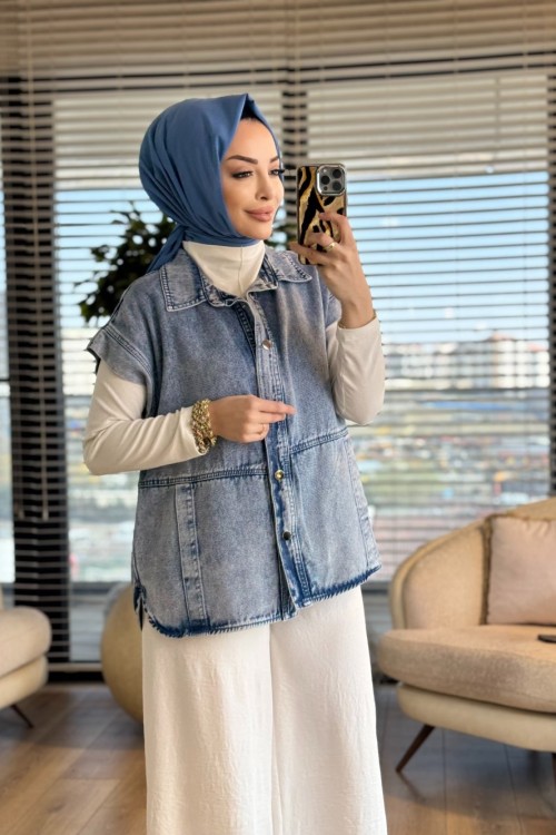 7441 Tencel Ön Dikişli Ve Cepli Yelek Mavi