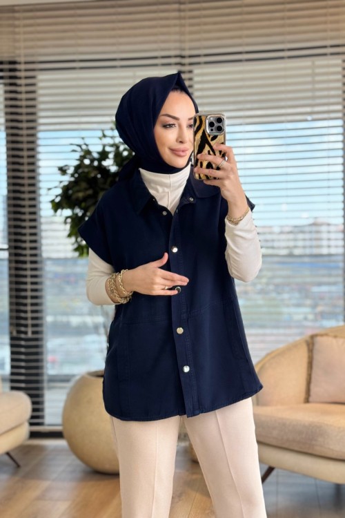 7441 Tencel Ön Dikişli Ve Cepli Yelek Lacivert