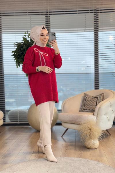 7448 Ön Büyük Fiyonk İnci İşli Triko Tunik Kırmızı