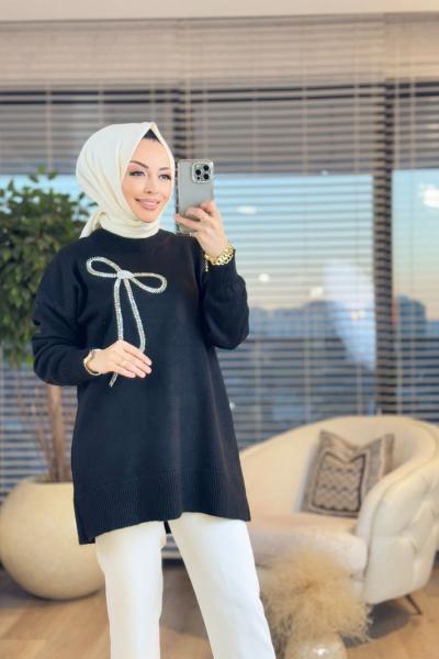 7448 Ön Büyük Fiyonk İnci İşli Triko Tunik Siyah