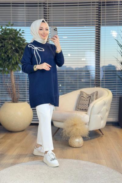 7448 Ön Büyük Fiyonk İnci İşli Triko Tunik Lacivert