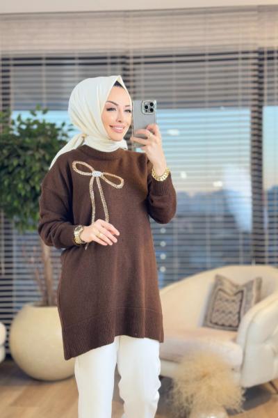7448 Ön Büyük Fiyonk İnci İşli Triko Tunik Kahve