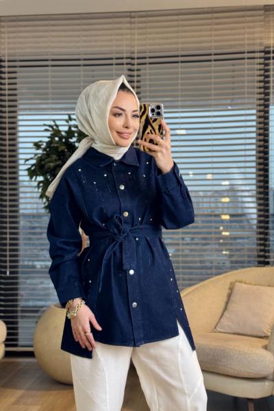 7456 Kot Ön Sıra Taş Baskılı Ceket Lacivert