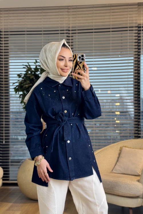 7456 Kot Ön Sıra Taş Baskılı Ceket Lacivert