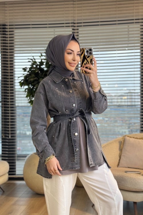 7456 Kot Ön Sıra Taş Baskılı Ceket Gri