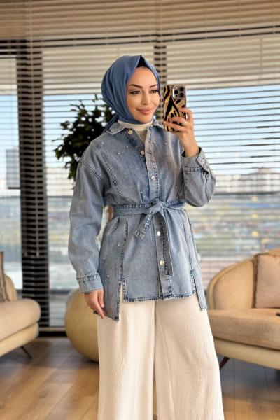 7456 Kot Ön Sıra Taş Baskılı Ceket Mavi