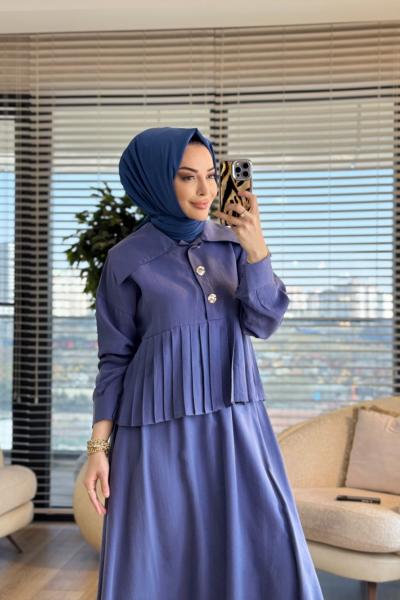 7457 Pileli Gold Düğmeli Etekli Takım İndigo