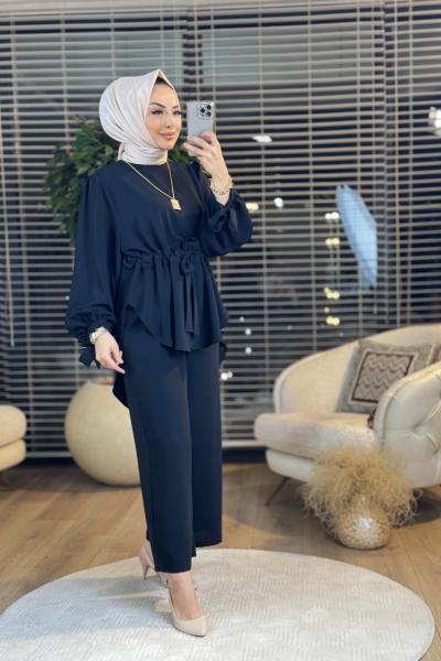 7468 Beli Büzgülü Tunik Pantolon Takım Siyah