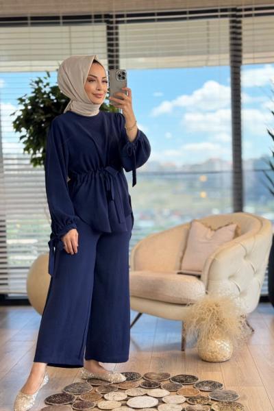 7468 Beli Büzgülü Tunik Pantolon Takım Lacivert