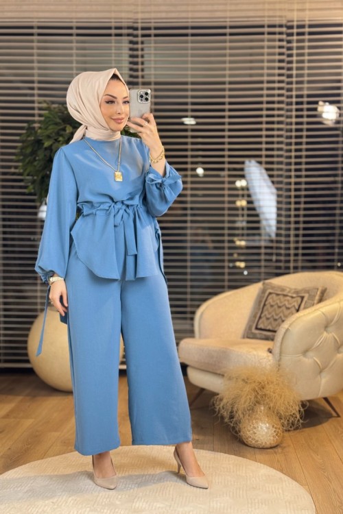 7468 Beli Büzgülü Tunik Pantolon Takım İndigo