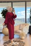 7468 Beli Büzgülü Tunik Pantolon Takım Bordo