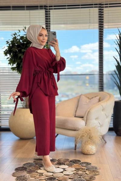 7468 Beli Büzgülü Tunik Pantolon Takım Bordo