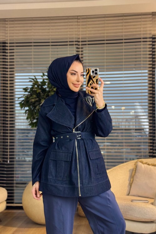 7471 Omuz Taş Şerit Detay Kot Ceket Lacivert