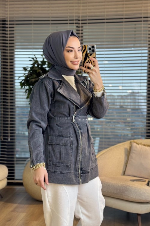 7471 Omuz Taş Şerit Detay Kot Ceket Antrasit