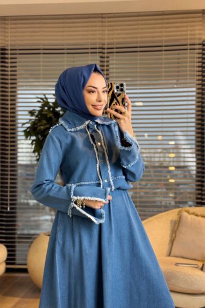 7475 Tencel Saçak Detaylı Etekli Takım Mavi