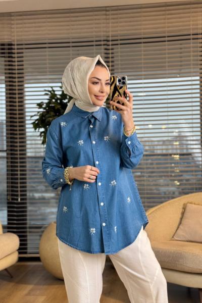 7476 Tencel Üstü Çiçek Nakışlı Gömlek Mavi