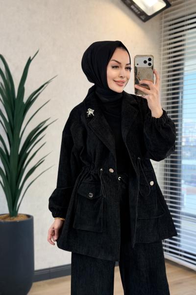 75007 Kadife Önden Cepli Beli Büzgülü Takım Siyah