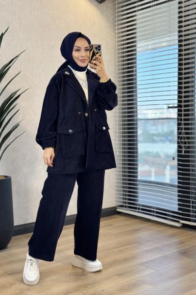 75007 Kadife Önden Cepli Beli Büzgülü Takım Lacivert