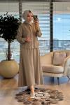 7502 Patı Yakası Taşlı Kot Etekli Takım Bej