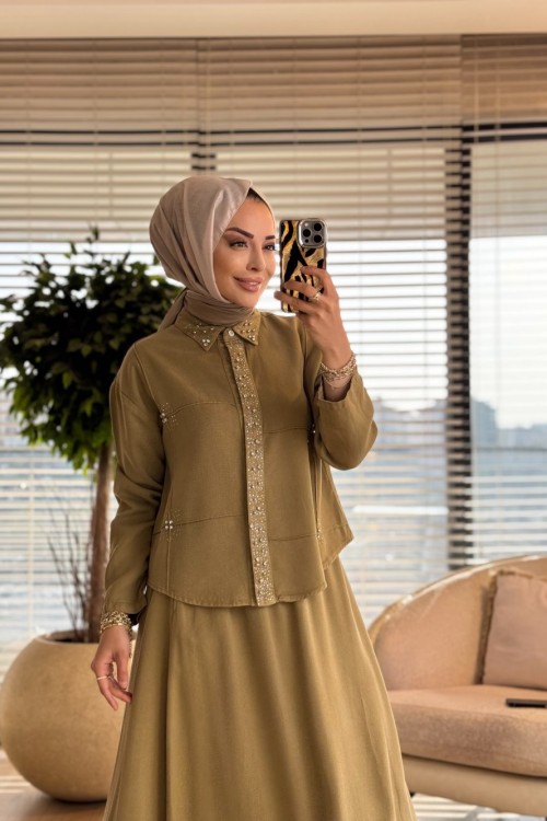 7502 Patı Yakası Taşlı Kot Etekli Takım YağYeşili