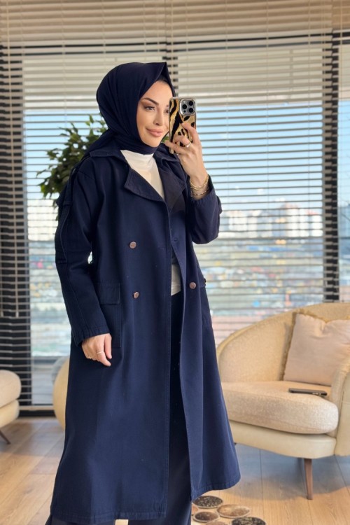 7503 Altı Düğmeli Apoletli Kot Trenç Lacivert