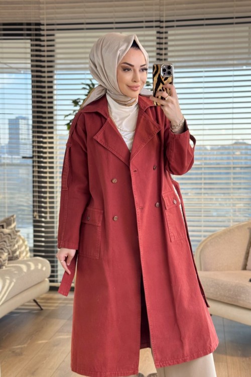 7503 Altı Düğmeli Apoletli Kot Trenç Kiremit