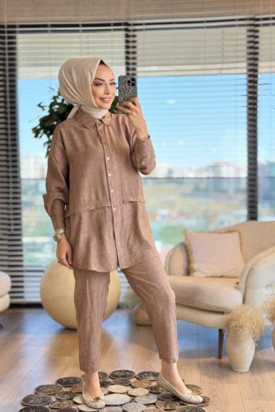 7504 Beli Şeritli Pantolon Takım Kahve